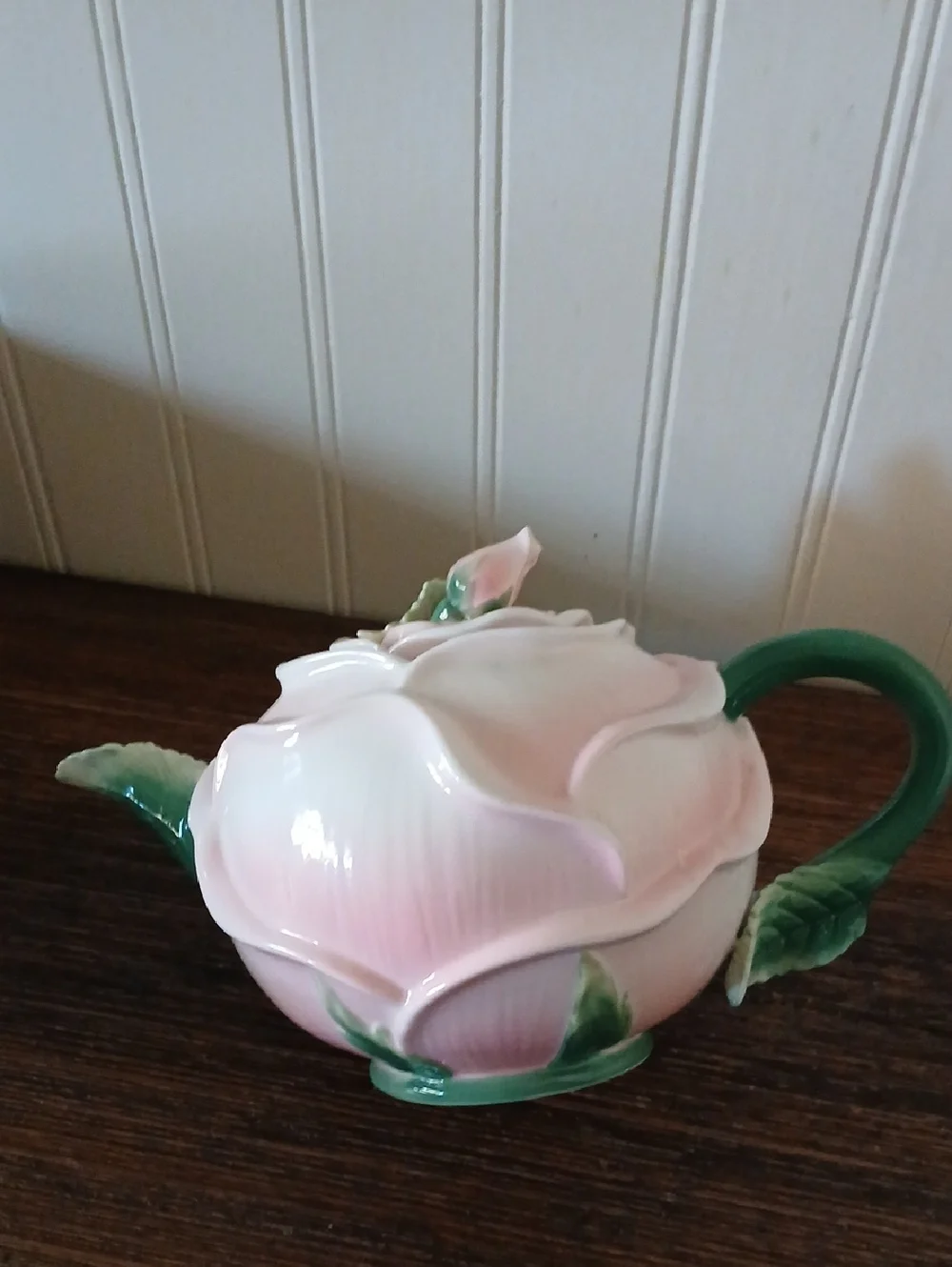 Pier 1 Imports Pink Rose Bud Shaped Flower Teapot Handpainted Flowers Ornate